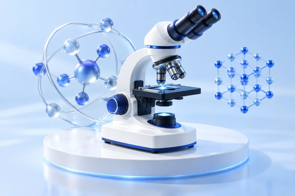 显微镜与计算模型构成的科学研究概念图
